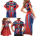 Newcastle Knights Rugby Family Matching Short Sleeve Bodycon Dress and Hawaiian Shirt Polynesian Tribal Knight Warrior Red Blue Pattern