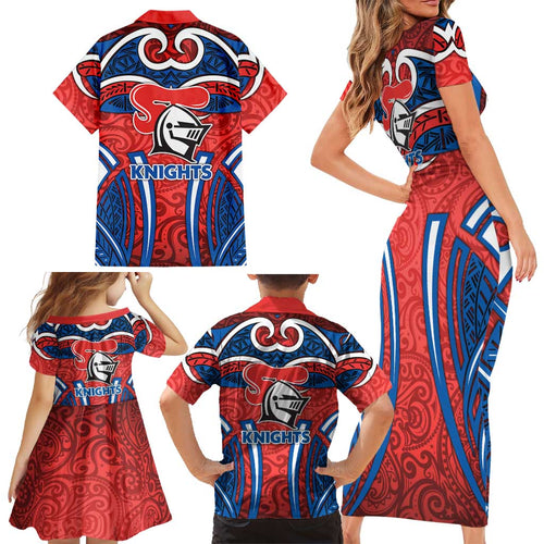 Newcastle Knights Rugby Family Matching Short Sleeve Bodycon Dress and Hawaiian Shirt Polynesian Tribal Knight Warrior Red Blue Pattern