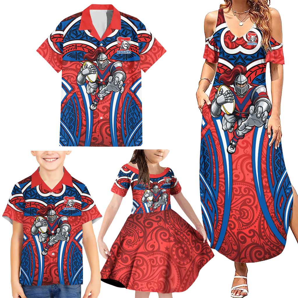 Newcastle Knights Rugby Family Matching Summer Maxi Dress and Hawaiian Shirt Polynesian Tribal Knight Warrior Red Blue Pattern