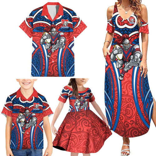 Newcastle Knights Rugby Family Matching Summer Maxi Dress and Hawaiian Shirt Polynesian Tribal Knight Warrior Red Blue Pattern