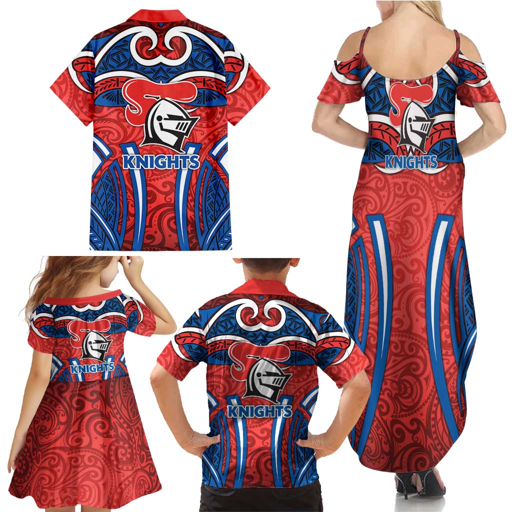 Newcastle Knights Rugby Family Matching Summer Maxi Dress and Hawaiian Shirt Polynesian Tribal Knight Warrior Red Blue Pattern