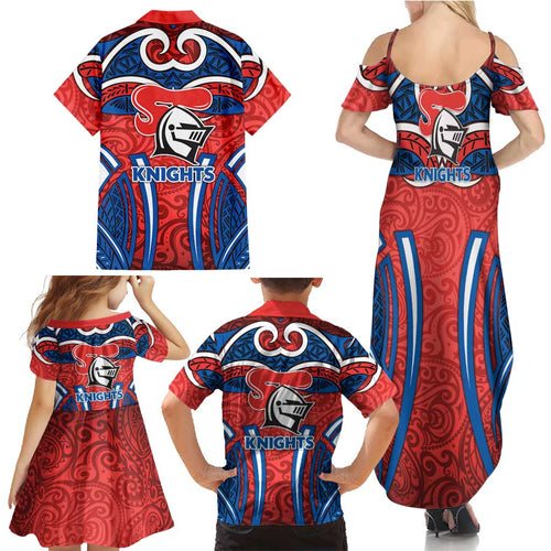 Newcastle Knights Rugby Family Matching Summer Maxi Dress and Hawaiian Shirt Polynesian Tribal Knight Warrior Red Blue Pattern