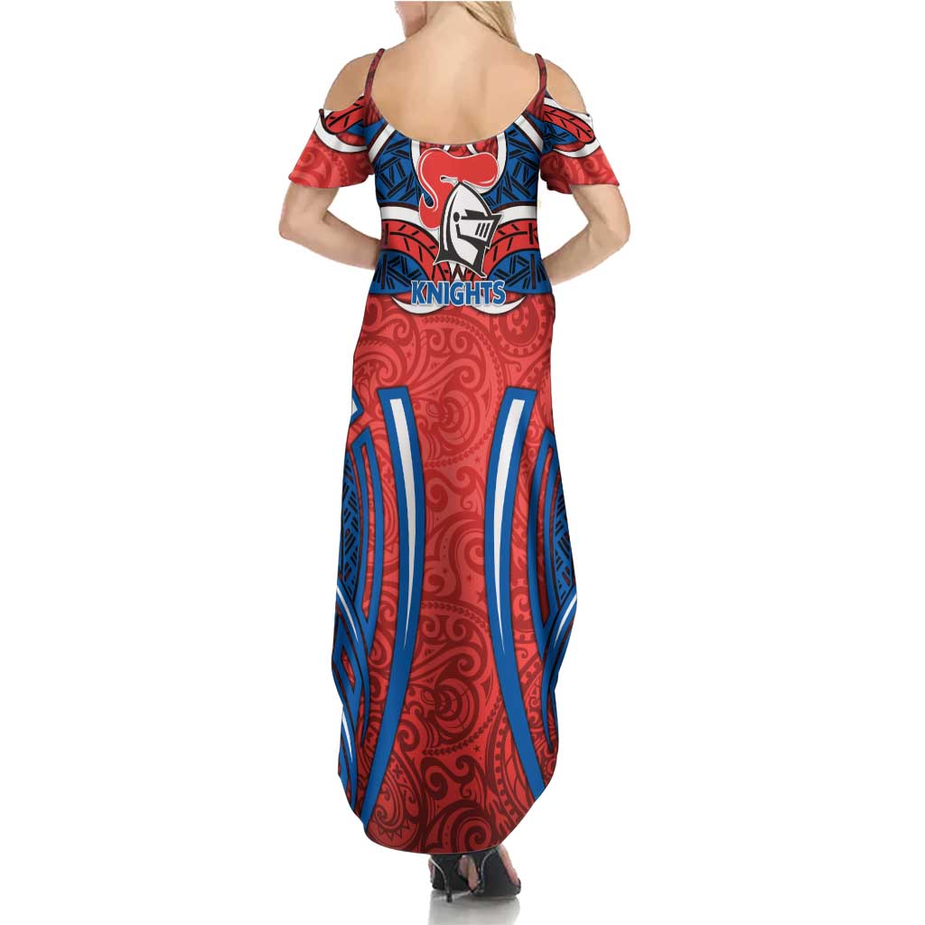 Newcastle Knights Rugby Family Matching Summer Maxi Dress and Hawaiian Shirt Polynesian Tribal Knight Warrior Red Blue Pattern