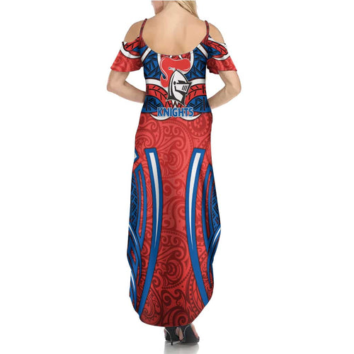 Newcastle Knights Rugby Family Matching Summer Maxi Dress and Hawaiian Shirt Polynesian Tribal Knight Warrior Red Blue Pattern