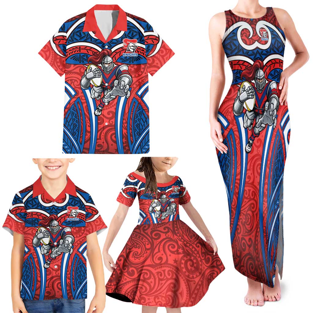 Newcastle Knights Rugby Family Matching Tank Maxi Dress and Hawaiian Shirt Polynesian Tribal Knight Warrior Red Blue Pattern