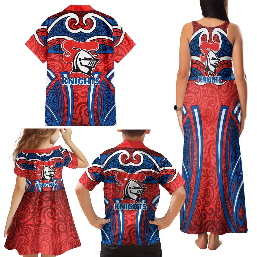 Newcastle Knights Rugby Family Matching Tank Maxi Dress and Hawaiian Shirt Polynesian Tribal Knight Warrior Red Blue Pattern