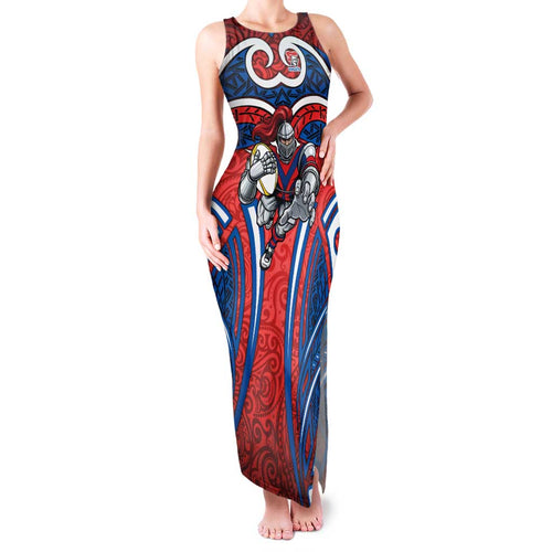 Newcastle Knights Rugby Family Matching Tank Maxi Dress and Hawaiian Shirt Polynesian Tribal Knight Warrior Red Blue Pattern