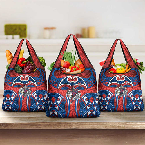 Newcastle Knights Rugby Grocery Bag Polynesian Tribal Knight Warrior Red Blue Pattern