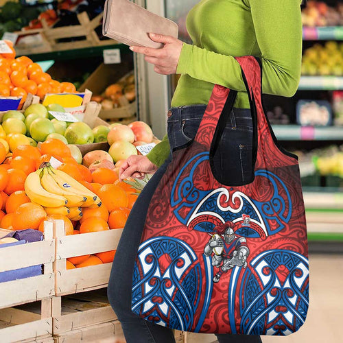 Newcastle Knights Rugby Grocery Bag Polynesian Tribal Knight Warrior Red Blue Pattern