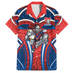 Newcastle Knights Rugby Hawaiian Shirt Polynesian Tribal Knight Warrior Red Blue Pattern