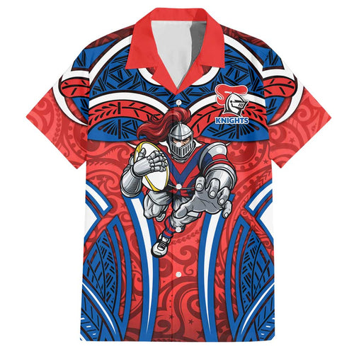 Newcastle Knights Rugby Hawaiian Shirt Polynesian Tribal Knight Warrior Red Blue Pattern