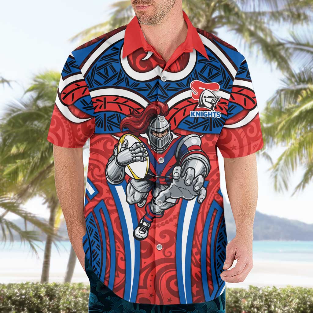 Newcastle Knights Rugby Hawaiian Shirt Polynesian Tribal Knight Warrior Red Blue Pattern