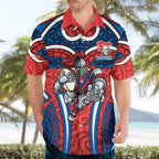 Newcastle Knights Rugby Hawaiian Shirt Polynesian Tribal Knight Warrior Red Blue Pattern