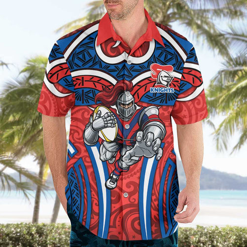 Newcastle Knights Rugby Hawaiian Shirt Polynesian Tribal Knight Warrior Red Blue Pattern
