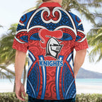 Newcastle Knights Rugby Hawaiian Shirt Polynesian Tribal Knight Warrior Red Blue Pattern