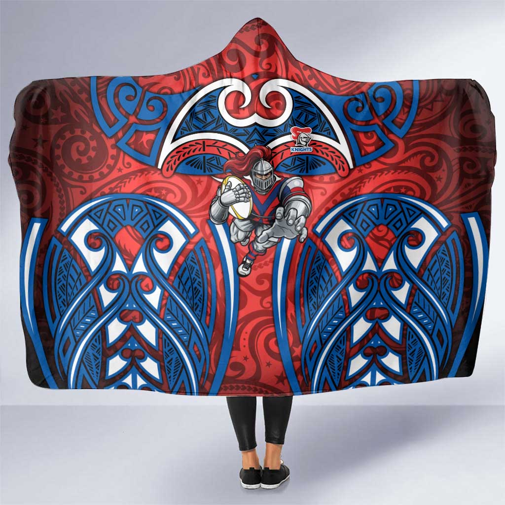 Newcastle Knights Rugby Hooded Blanket Polynesian Tribal Knight Warrior Red Blue Pattern