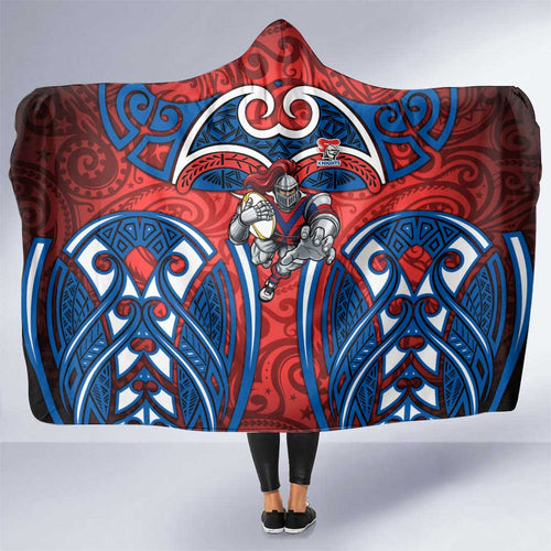 Newcastle Knights Rugby Hooded Blanket Polynesian Tribal Knight Warrior Red Blue Pattern