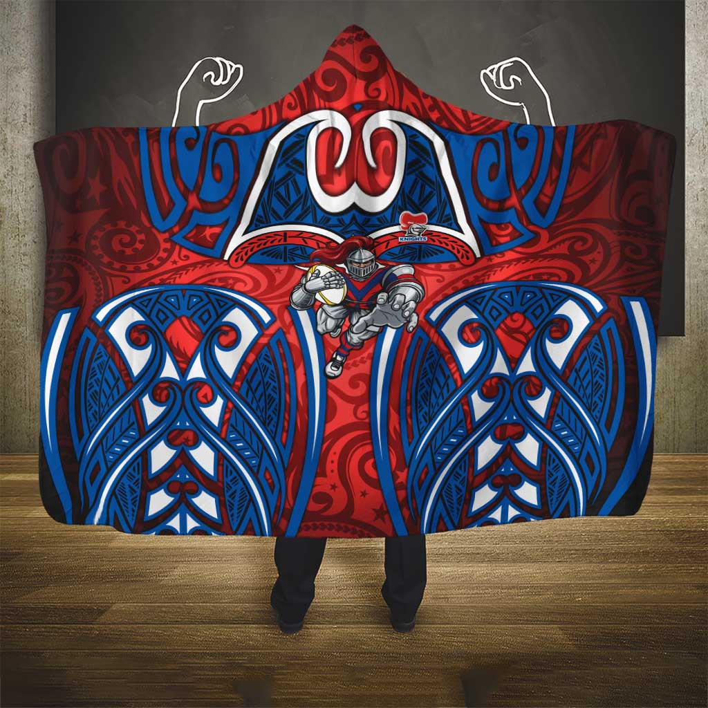 Newcastle Knights Rugby Hooded Blanket Polynesian Tribal Knight Warrior Red Blue Pattern