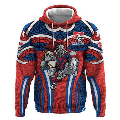 Newcastle Knights Rugby Hoodie Polynesian Tribal Knight Warrior Red Blue Pattern