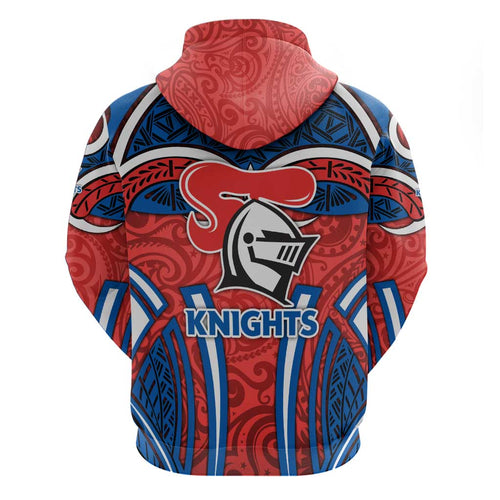 Newcastle Knights Rugby Hoodie Polynesian Tribal Knight Warrior Red Blue Pattern