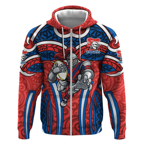 Newcastle Knights Rugby Hoodie Polynesian Tribal Knight Warrior Red Blue Pattern