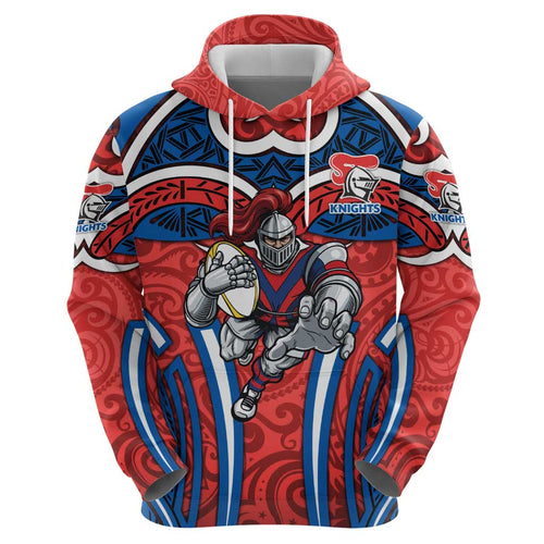 Newcastle Knights Rugby Hoodie Polynesian Tribal Knight Warrior Red Blue Pattern