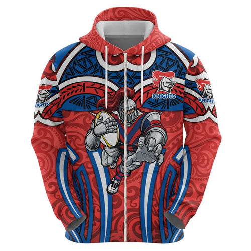 Newcastle Knights Rugby Hoodie Polynesian Tribal Knight Warrior Red Blue Pattern