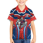 Newcastle Knights Rugby Kid Hawaiian Shirt Polynesian Tribal Knight Warrior Red Blue Pattern