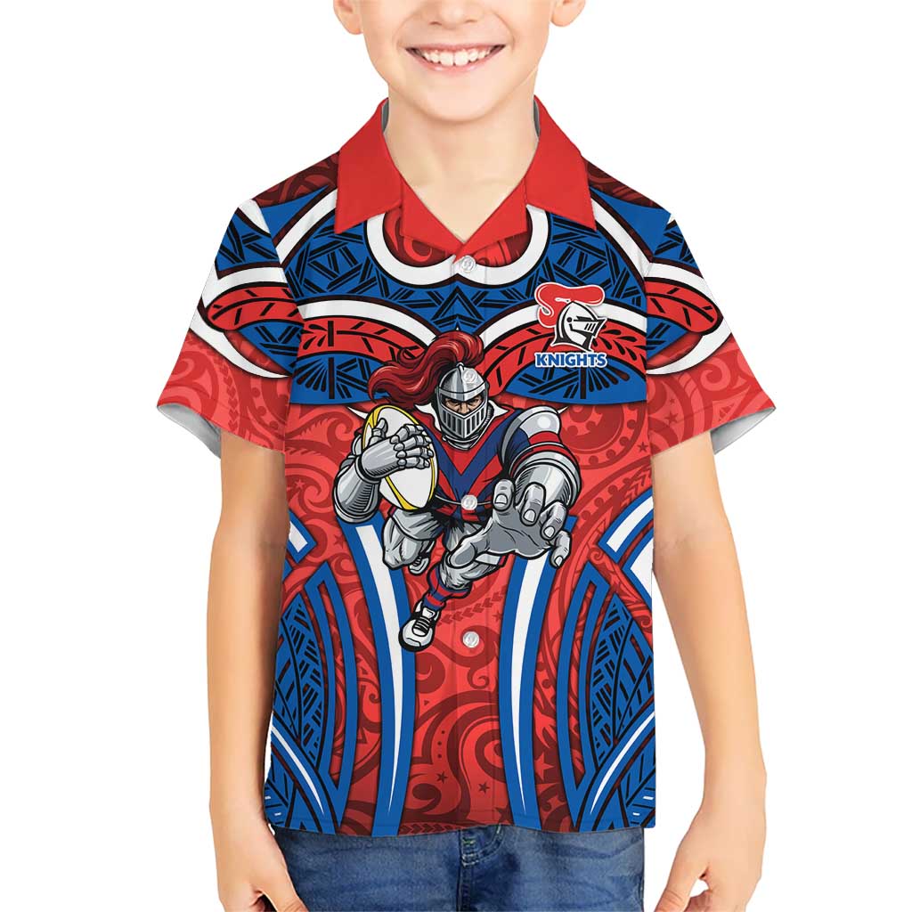 Newcastle Knights Rugby Kid Hawaiian Shirt Polynesian Tribal Knight Warrior Red Blue Pattern