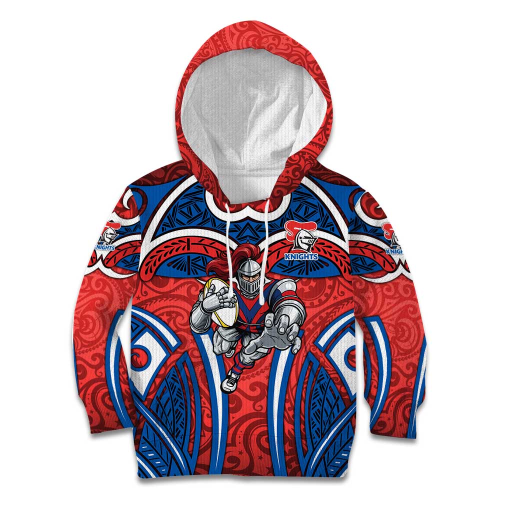 Newcastle Knights Rugby Kid Hoodie Polynesian Tribal Knight Warrior Red Blue Pattern