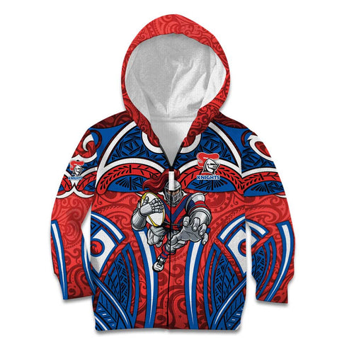 Newcastle Knights Rugby Kid Hoodie Polynesian Tribal Knight Warrior Red Blue Pattern