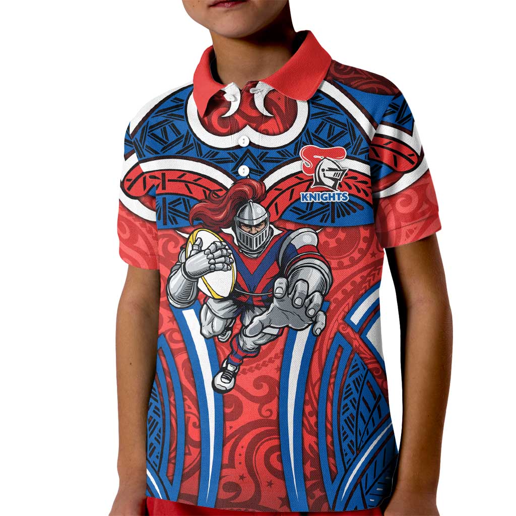 Newcastle Knights Rugby Kid Polo Shirt Polynesian Tribal Knight Warrior Red Blue Pattern
