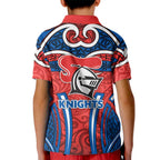 Newcastle Knights Rugby Kid Polo Shirt Polynesian Tribal Knight Warrior Red Blue Pattern