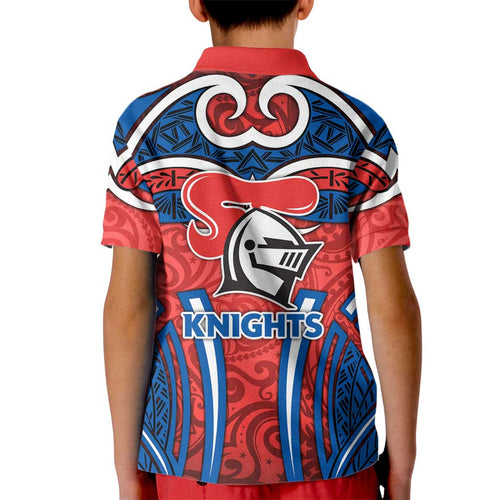Newcastle Knights Rugby Kid Polo Shirt Polynesian Tribal Knight Warrior Red Blue Pattern
