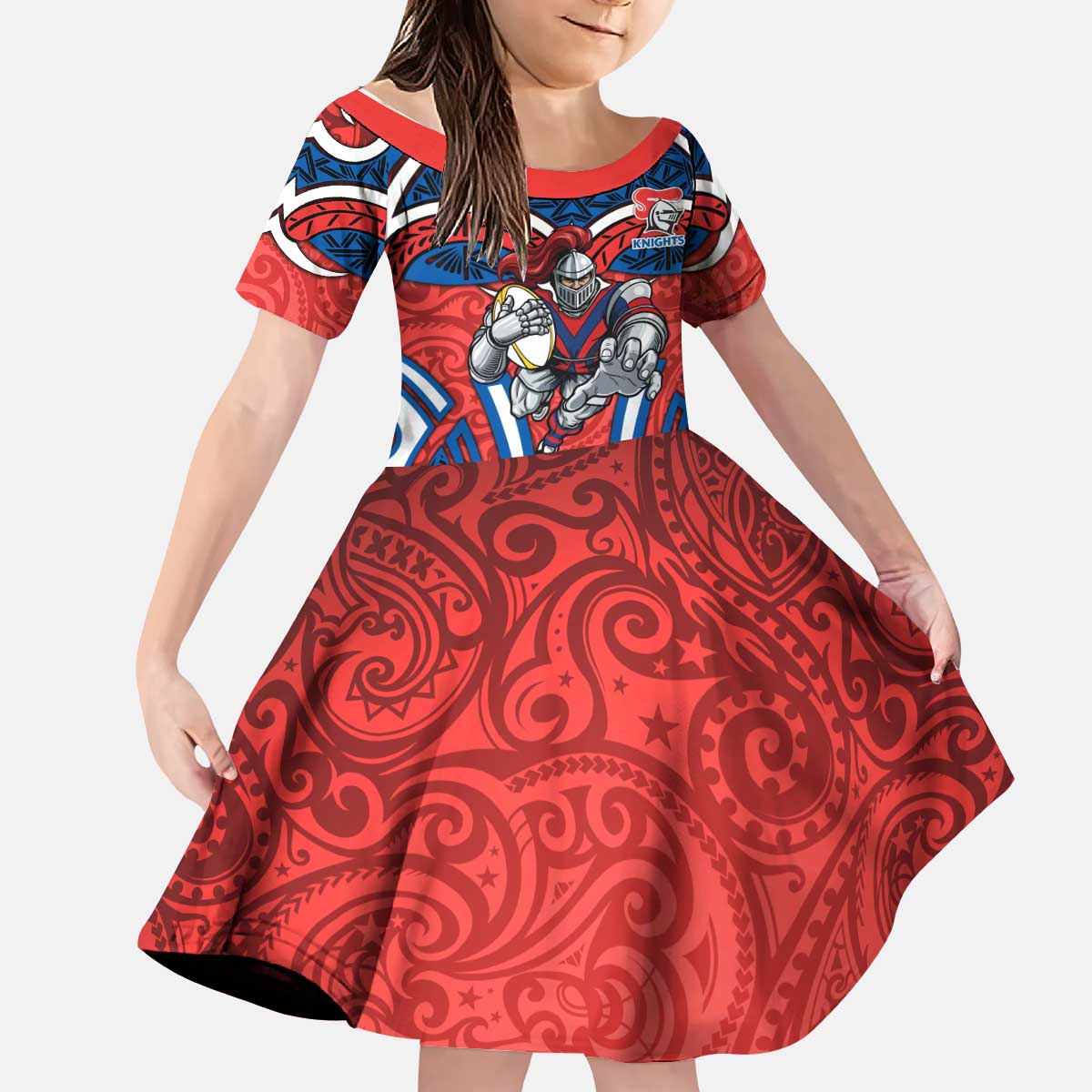 Newcastle Knights Rugby Kid Short Sleeve Dress Polynesian Tribal Knight Warrior Red Blue Pattern