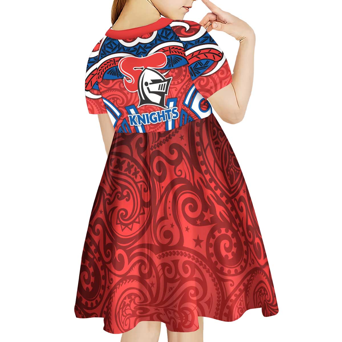 Newcastle Knights Rugby Kid Short Sleeve Dress Polynesian Tribal Knight Warrior Red Blue Pattern