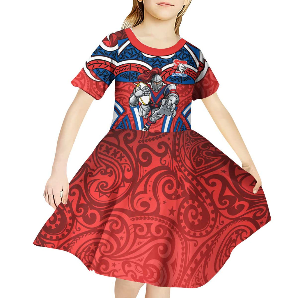 Newcastle Knights Rugby Kid Short Sleeve Dress Polynesian Tribal Knight Warrior Red Blue Pattern