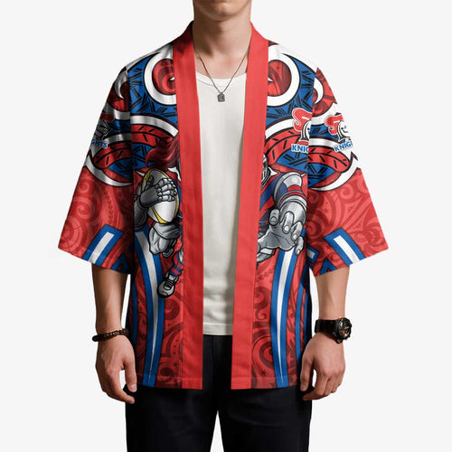 Newcastle Knights Rugby Kimono Polynesian Tribal Knight Warrior Red Blue Pattern