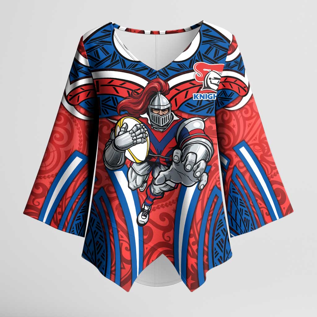 Newcastle Knights Rugby Kimono Sleeve Blouse Polynesian Tribal Knight Warrior Red Blue Pattern