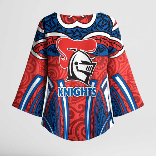 Newcastle Knights Rugby Kimono Sleeve Blouse Polynesian Tribal Knight Warrior Red Blue Pattern