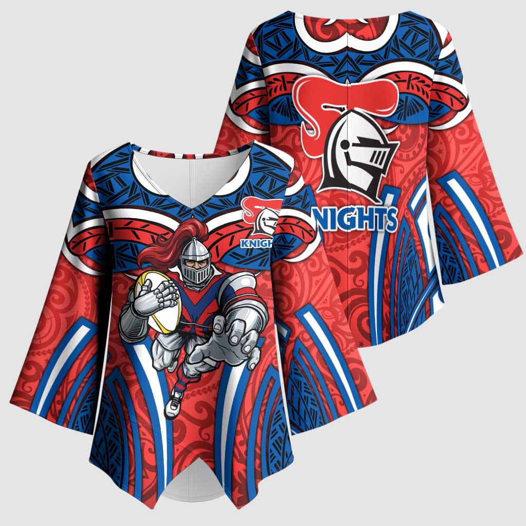 Newcastle Knights Rugby Kimono Sleeve Blouse Polynesian Tribal Knight Warrior Red Blue Pattern