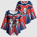 Newcastle Knights Rugby Kimono Sleeve Blouse Polynesian Tribal Knight Warrior Red Blue Pattern