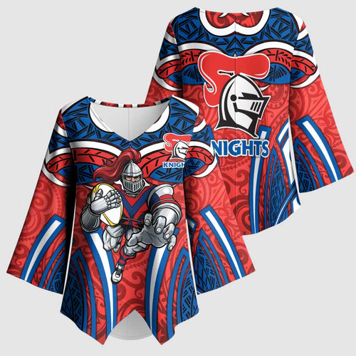 Newcastle Knights Rugby Kimono Sleeve Blouse Polynesian Tribal Knight Warrior Red Blue Pattern