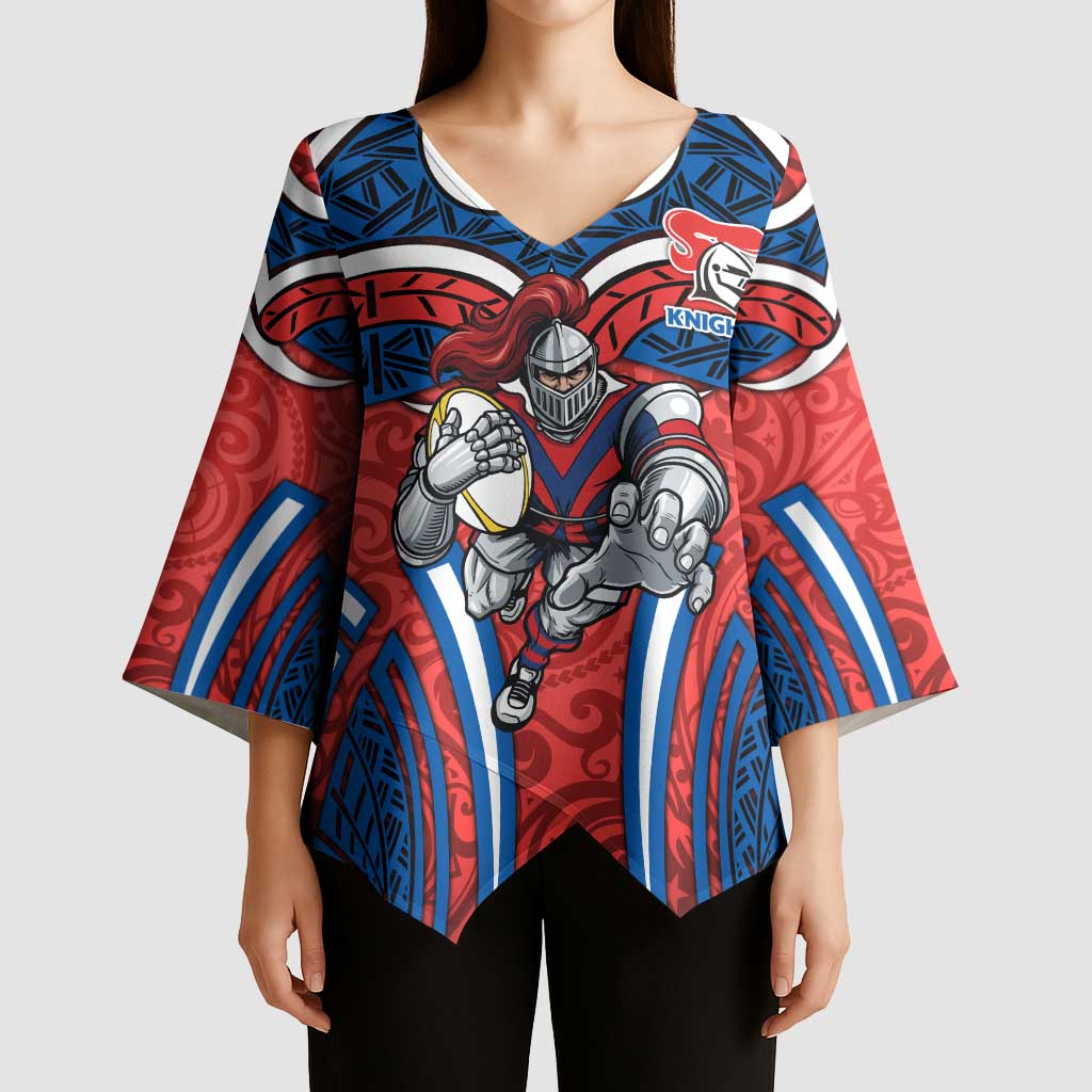 Newcastle Knights Rugby Kimono Sleeve Blouse Polynesian Tribal Knight Warrior Red Blue Pattern