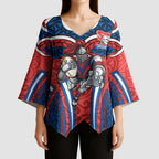 Newcastle Knights Rugby Kimono Sleeve Blouse Polynesian Tribal Knight Warrior Red Blue Pattern