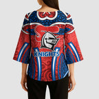 Newcastle Knights Rugby Kimono Sleeve Blouse Polynesian Tribal Knight Warrior Red Blue Pattern
