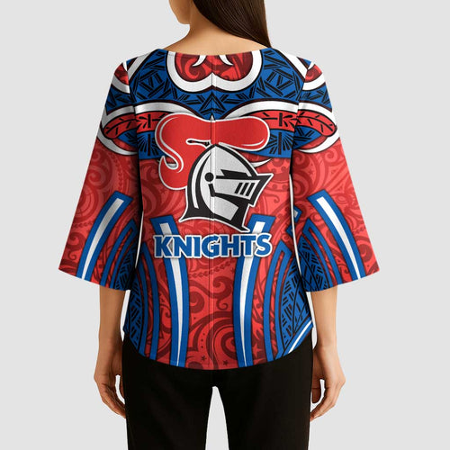 Newcastle Knights Rugby Kimono Sleeve Blouse Polynesian Tribal Knight Warrior Red Blue Pattern