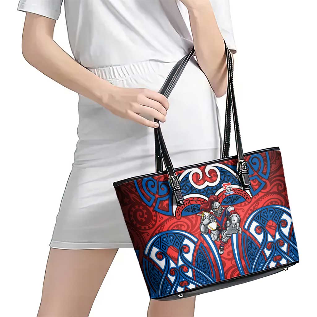 Newcastle Knights Rugby Leather Tote Bag Polynesian Tribal Knight Warrior Red Blue Pattern