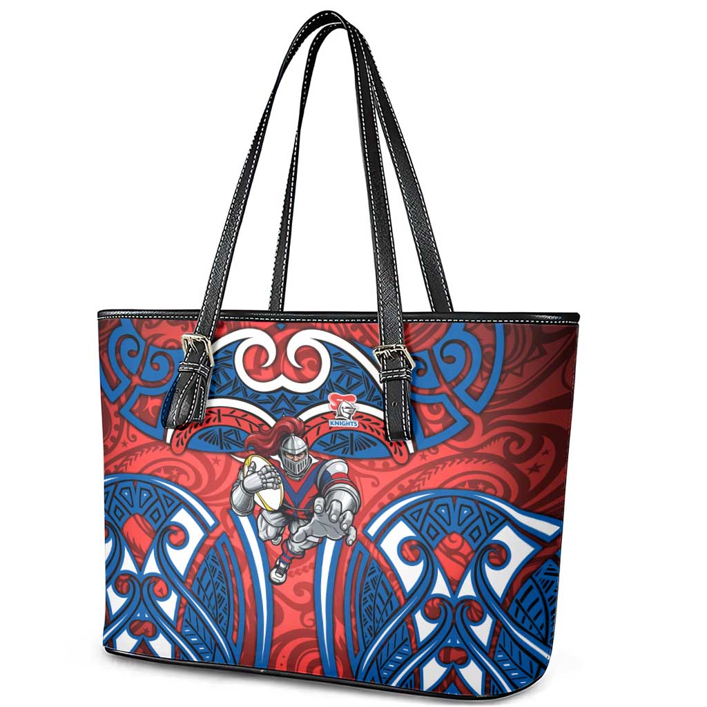 Newcastle Knights Rugby Leather Tote Bag Polynesian Tribal Knight Warrior Red Blue Pattern