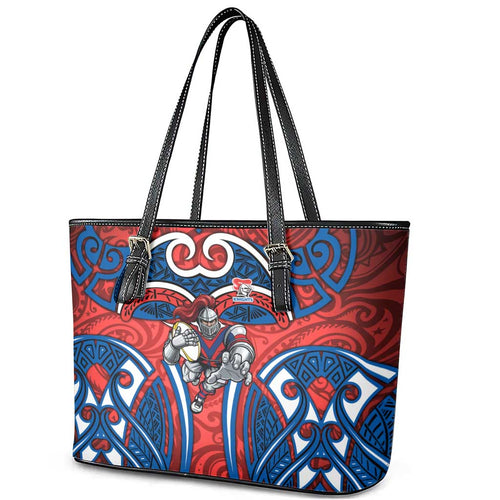 Newcastle Knights Rugby Leather Tote Bag Polynesian Tribal Knight Warrior Red Blue Pattern